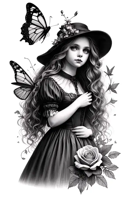 Gothic Alice In Wonderland Full Length Study Including A Butterfly A Rose And A Fairy Scene