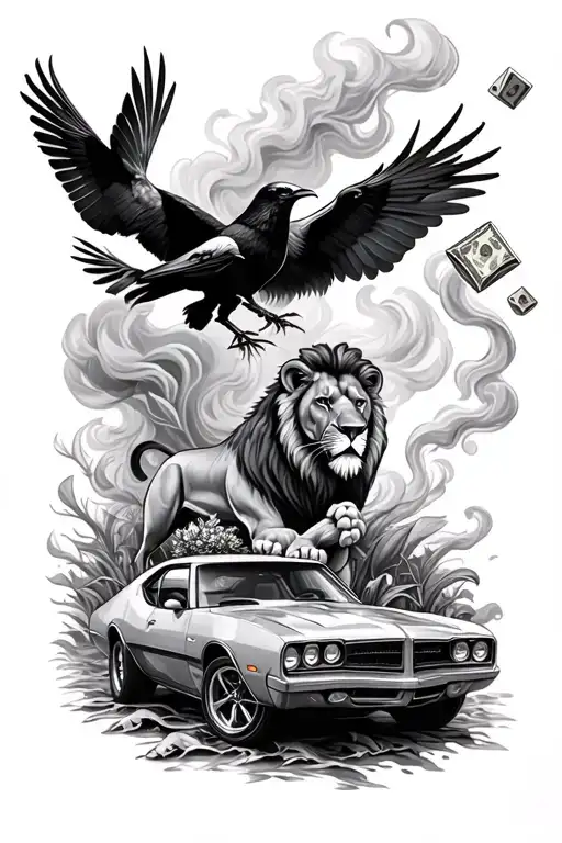 Lions The Ocean And Nature And Also Crows And Cars With Money Tire Smoke And Dice