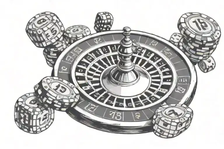 Roulette Wheel With Ball In Number 13 With Casino Chips And Dice