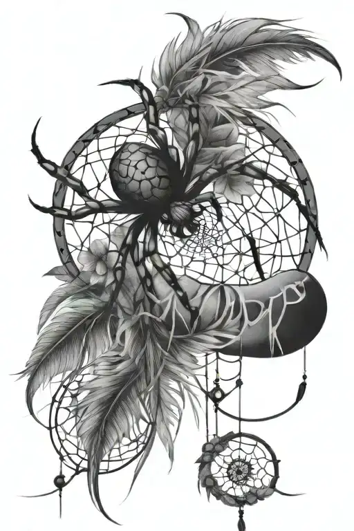 A Black And Grey Tattoo Of A Spider Weaving A Dream Catcher