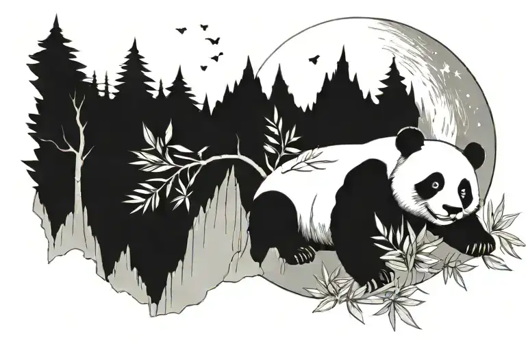 Thigh Mountains Trees Panda Eating Bamboo Floral Moon Stars