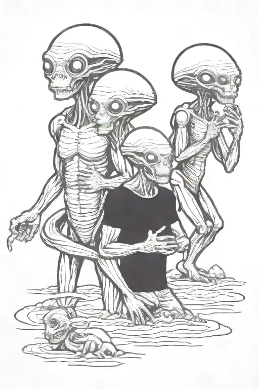 3 Aliens Side By Side On Beach Scene