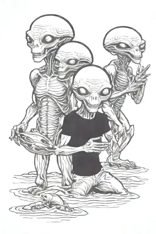 3 Aliens Side By Side On Beach Scene