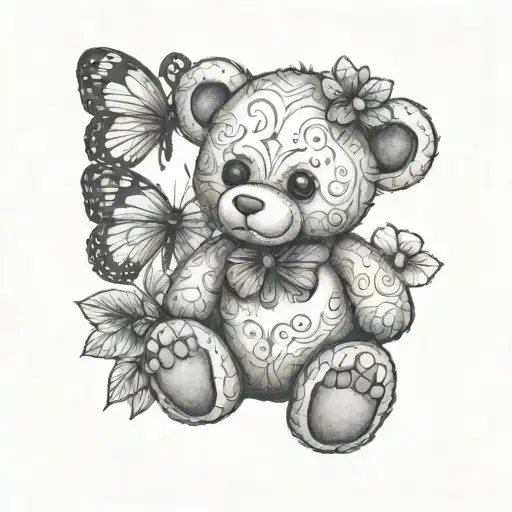 Line Art Teddy Bear Holding A 4 Leaf Clover With A Butterfly