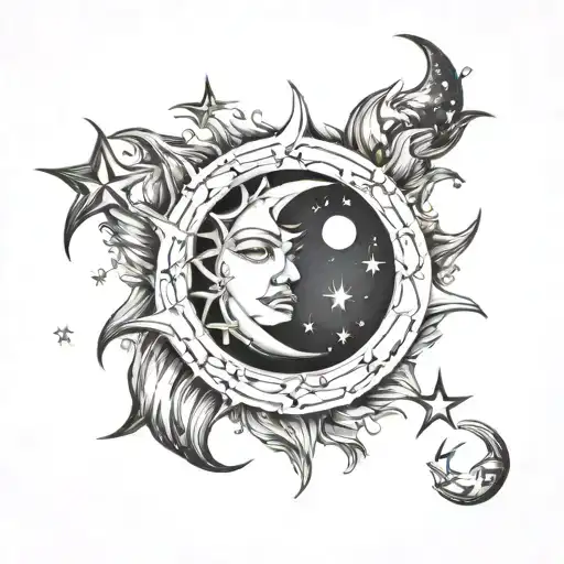 Sun And Moon Surrounded By Stars