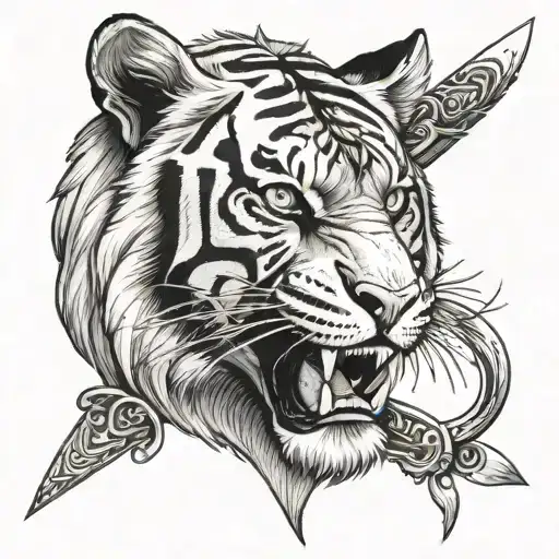 A Black And Grey Of Bengal Tiger Head Looking Fierce On Top Of Pommel Of A Cool Looking Dagger