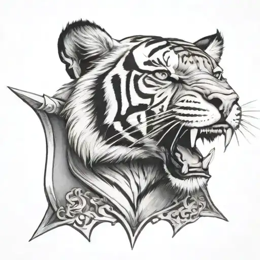 A Black And Grey Bengal Tiger Head Looking Fierce On Top Of The Pommel Of A Cool-looking Dagger