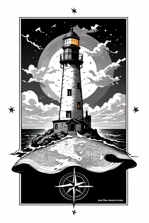 Lighthouse Coming Out Of A Map On The Bottom And A Compass Rose