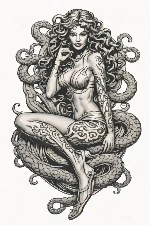 Full Body Portrait Of Medusa Pin Up Girl Sitting