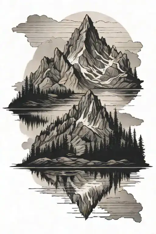 A Detailed Black And Grey Tattoo Of A Mountain Range Reflected In A Calm Loch
