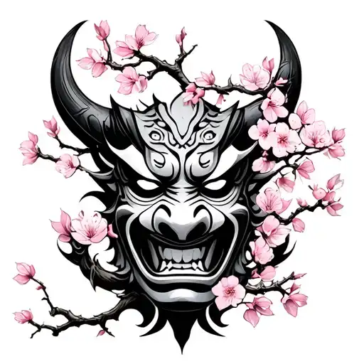 Cherry Blossom Tree Growing And Oni Mask Surrounded