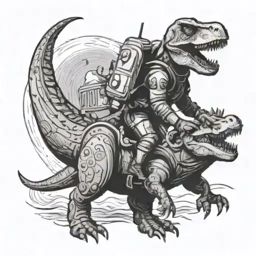 A Spaceman Wearing Scuba Gear Riding A Dinosaur