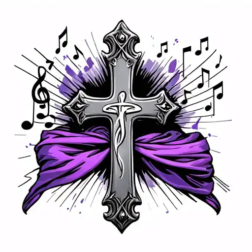 Cross With A Purple Stash Draped Over It With Music Behind It