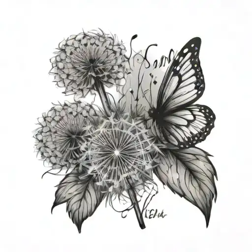 Dandelion Tattoo With Butterflies And The Letters Loml In Cursive On Woman's Shoulder