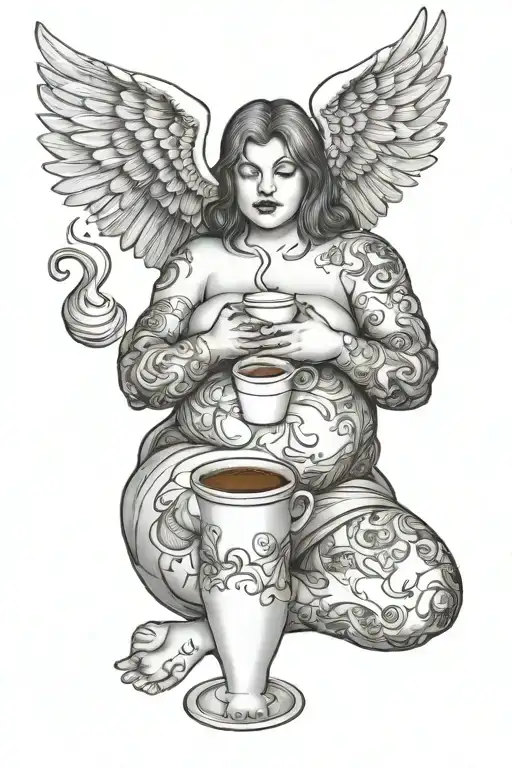 Fat Angel Have A Overthinking And Hold A Coffee