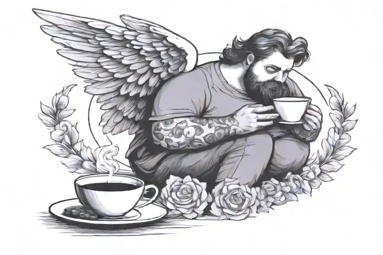 Fat Angel Have A Overthinking And Hold A Coffee