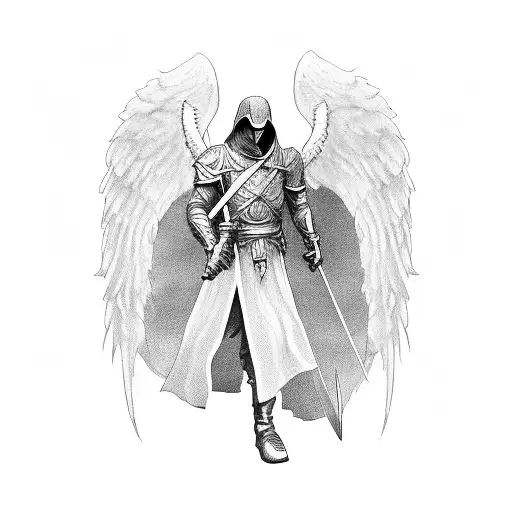 Male Angel With Hood And Wings And Sword And Clouds And Sun