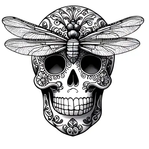 Mexican Sugar Skull Soft Shading With Dragonfly