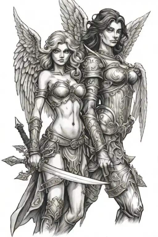Two Girl Warrior Angels Holding A Sword