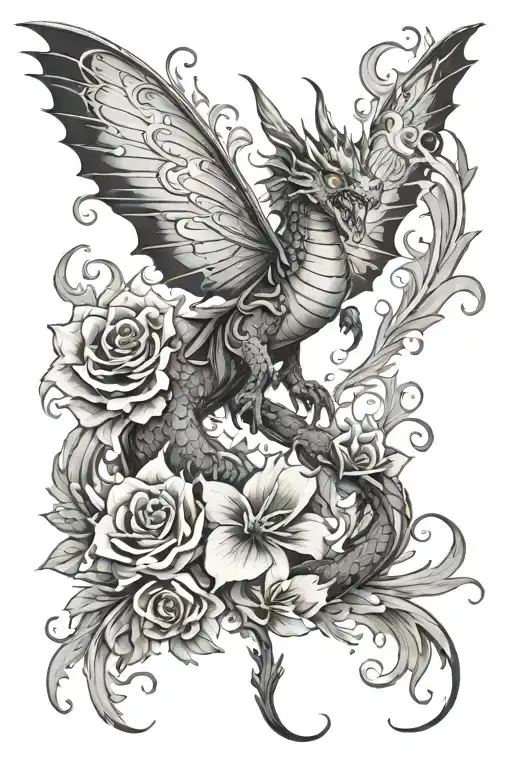 Dragon Butterfly Flowers And Fire Breath