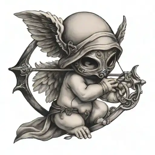 Baby Cupid Wearing A Black Plague Mask Holding A Bow And Arrow
