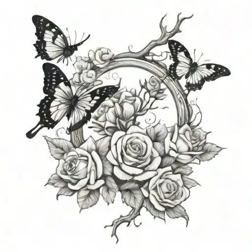 Dead Tree In A Frame With Roses And Butterflies Flying