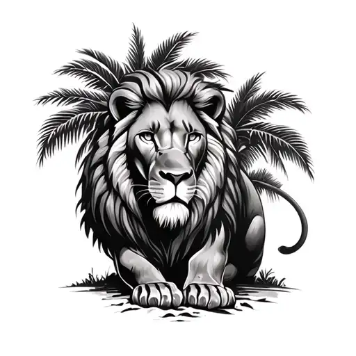 Lion Coming Out From Palms Tree