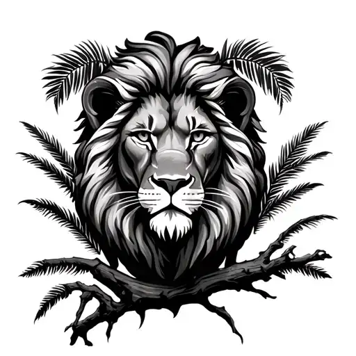 Lion Face Coming Out From Palms Tree Branch