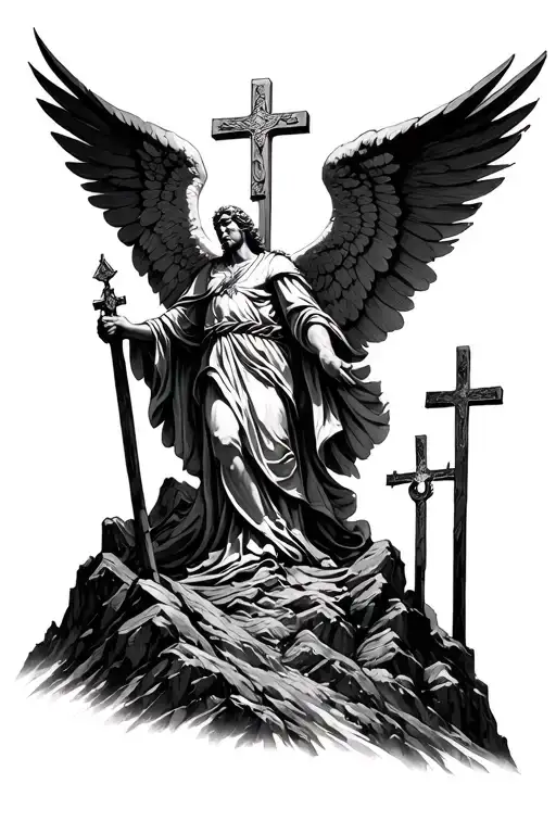 Archangel Micheal And At The Bottom The 3 Crosses That Stood On The Mountain Of Golgatha