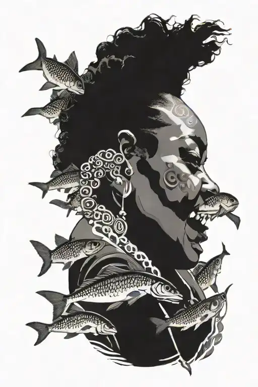 A Silhouette Of Cesaria Evora Singing With A School Of Fish Around Her