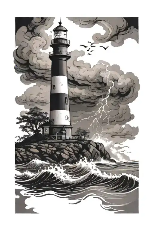 Lighthouse In A Storm Black And White Drawing