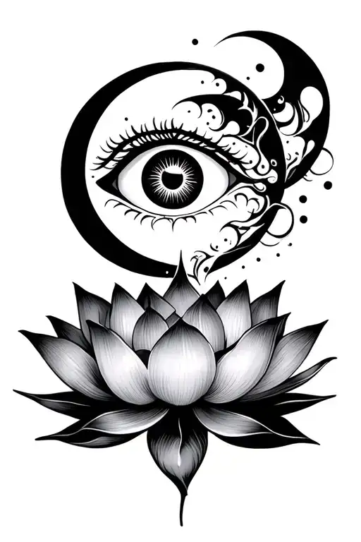 Lotus Flower With Moon And Evil Eye Coming Out Of Lotus