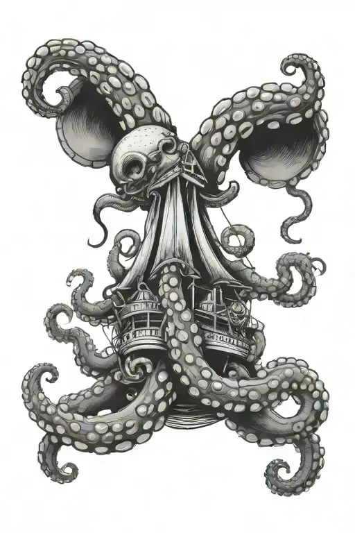 Octopus Holding Ship Sailing Through Stormy