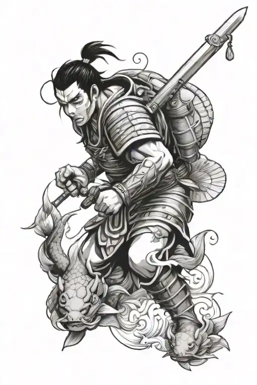 Japanese Gladiator With Koi Fish And Berserk Anime Symbol