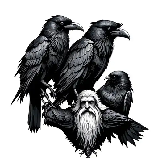 Norse God Odin With Two Ravens Huginn And Muninn In Tribal