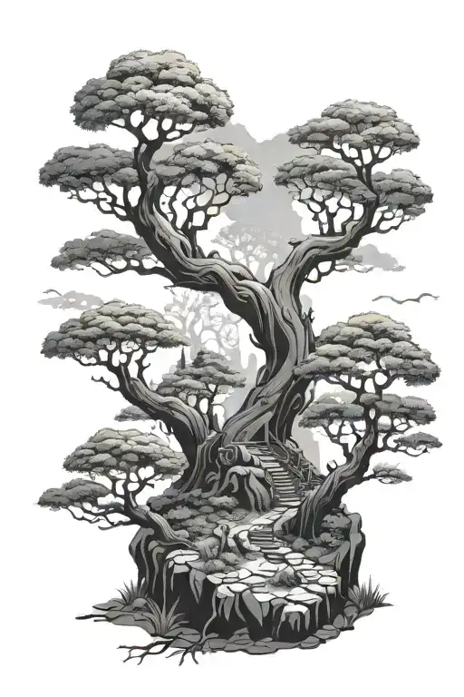 A Mystical Forest Scene With Hidden Runescape References And Bonsai Trees