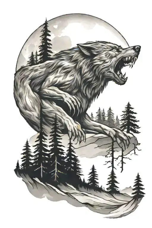 Forest And Werewolf Howls At The Moon On The Mountain All Hand