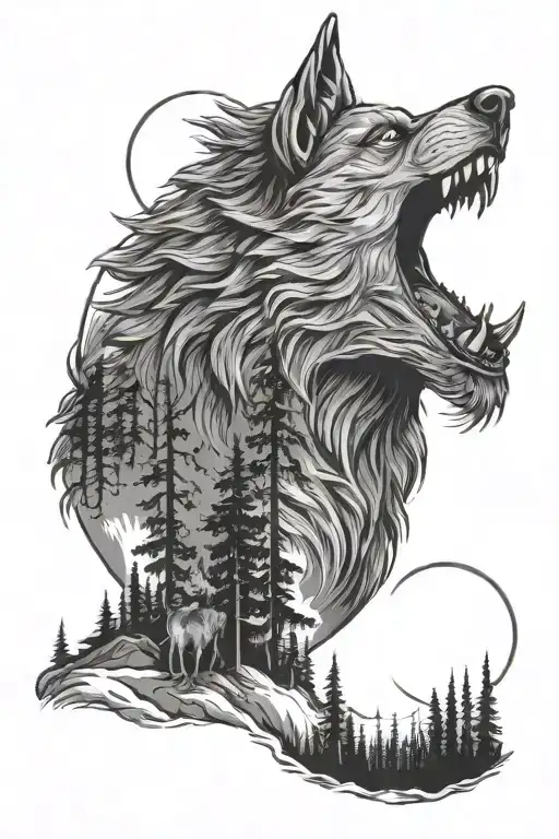 Forest And Werewolf Howls At The Moon On The Mountain All Hand