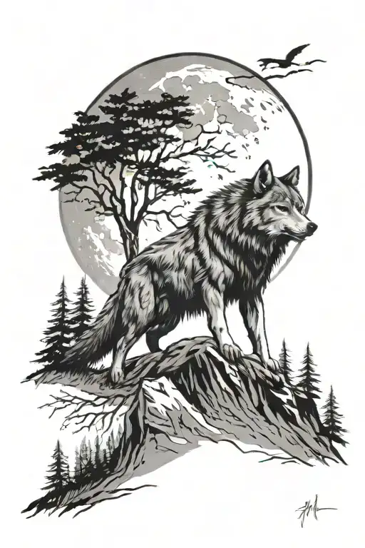 Forest And Werewolf Howls At The Moon On The Mountain All Hand