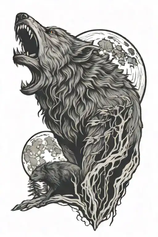 Forest And Werewolf Howls At The Moon On The Mountain All Hand