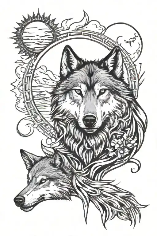 Wolf With Sun And Moon Together