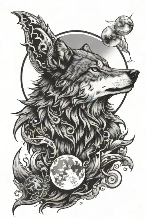 Wolf With Sun And Moon Together