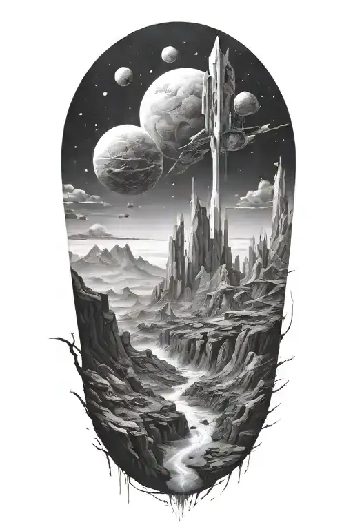 Futuristic Landscape In Space In Black And White