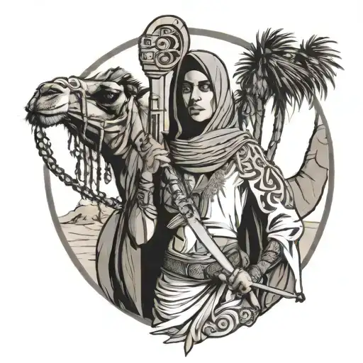 Side Faced Arabian Girl Dressed In Dessert Holding Sword With Camel And Date Tree