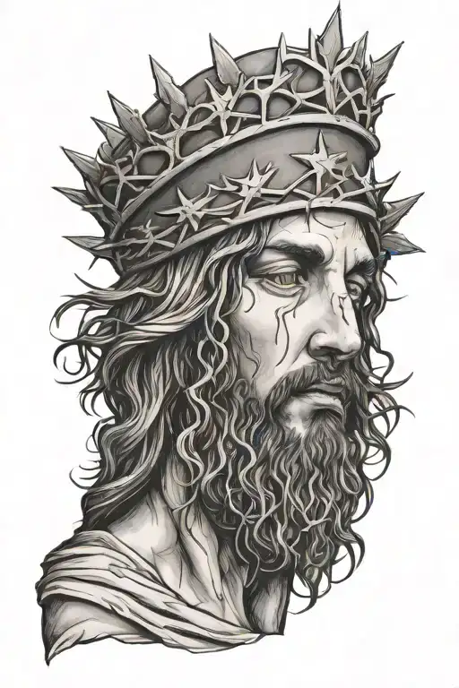 Jesus Wearing Crown Of Thorns And American Flag Somewhere