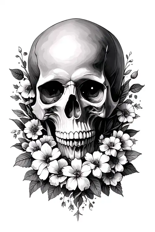 Flowers Surrounding A Skull With An Eye In A Moutian Scenery