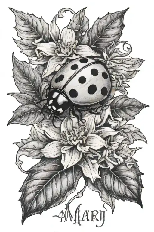 Ladybug Sitting On Holly And Narcissus Flowers And The Word A'mari