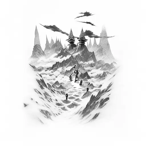 A Black And Grey Tattoo Of A Knife Surrounded By Anime Characters Climbing A Mountain