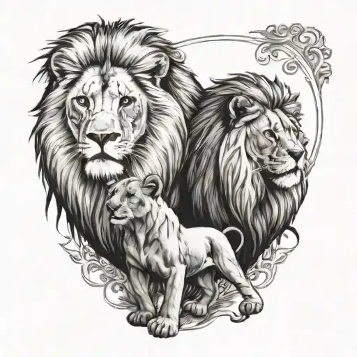 A Lion And Lioness Standing Side By Side With Their Cubs Playing Around Them