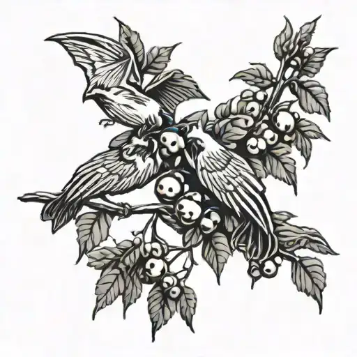 Hazel Tree And Olive Branch With Bats Flying